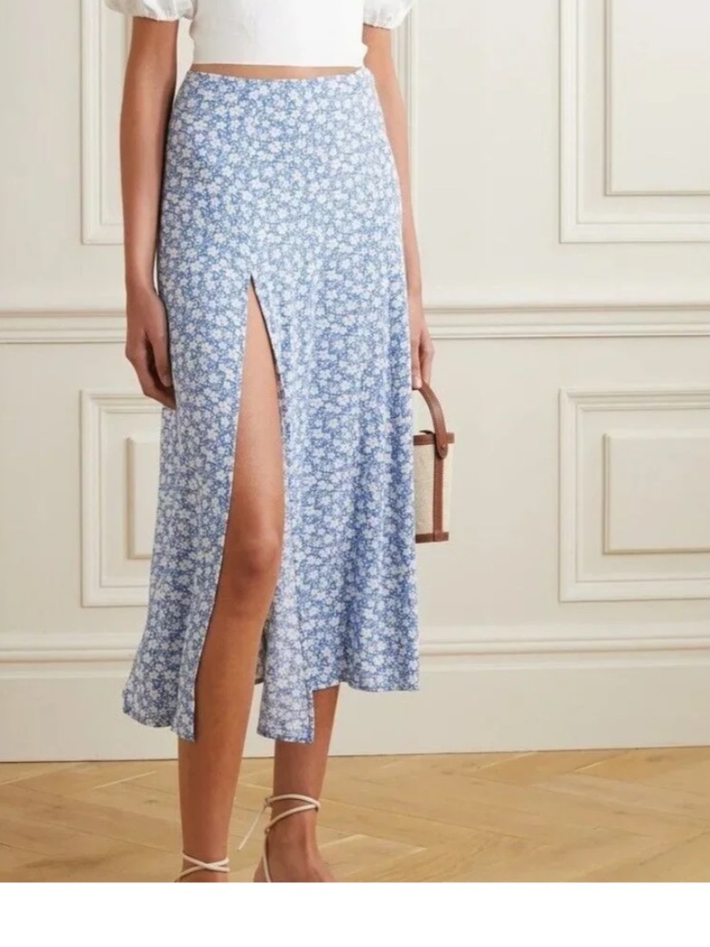 Reformation Zoe Petites Blue Floral Side-Slit Midi Skirt Size 2P